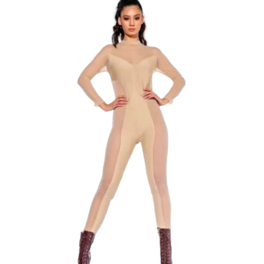 Jumpsuit bandage and mesh nude ,long sleeves